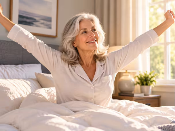 Woman stretching happily after waking up