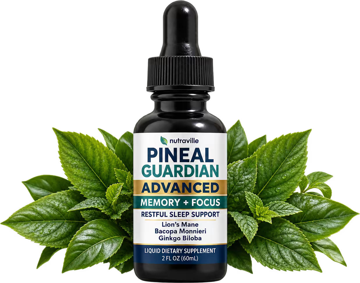 Pineal Guardian Advanced bottle with fresh leaves