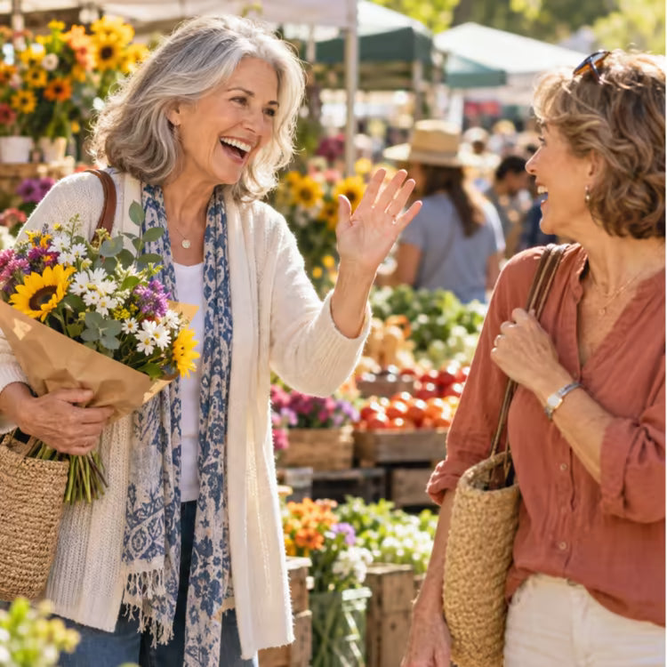 Two smiling women chatting at a flower market