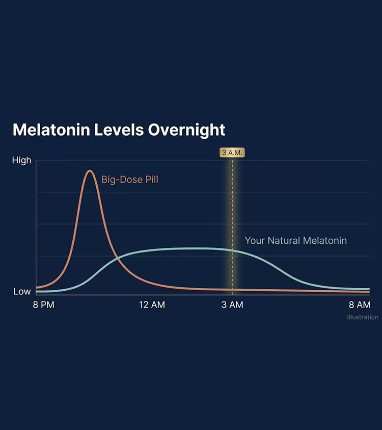 Chart: a big-dose melatonin pill spikes and drops early, while natural melatonin stays steady through 3 A.M.