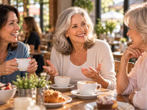 Friends laughing together over coffee at a café