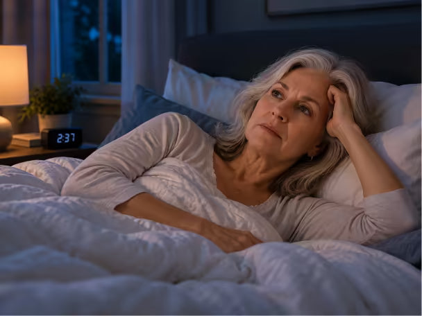Woman lying awake in bed at night