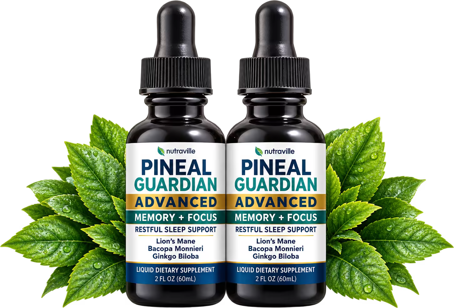 Two bottles of Pineal Guardian Advanced with fresh leaves
