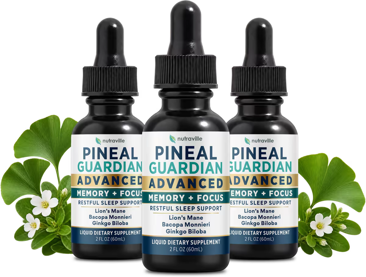 Three bottles of Pineal Guardian Advanced with ginkgo leaves