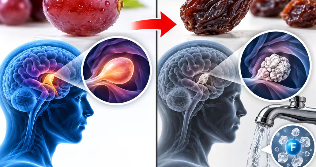 A healthy brain and pineal gland next to a fluoride-calcified one