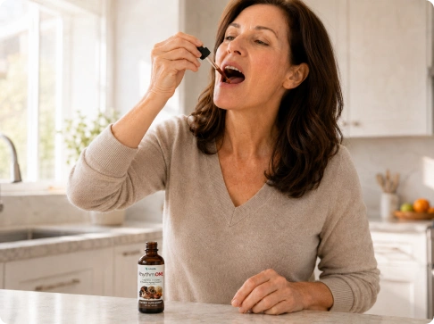 Woman taking drops in kitchen